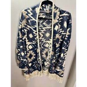 Lucky Brand Womens Blue Southwestern Fringe Open Front Cardigan Sweater Size M